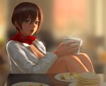  1girl blurry breasts brown_eyes brown_hair bug cleavage depth_of_field egg food hair_between_eyes infi lips medium_breasts mikasa_ackerman no_bra open_clothes open_mouth open_shirt pancake plate red_scarf scarf shingeki_no_kyojin short_hair solo steam table 