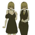  1girl black_collar black_pants black_vest blonde_hair breasts cleavage collar collarbone collared_shirt english_commentary eyebrows_visible_through_hair formal gutalalaman half-closed_eyes highres large_breasts mole mole_on_breast multiple_views off_shoulder original pants shirt short_hair suit vest white_background white_shirt yellow_eyes 