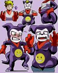 anthro bandai_namco belly blonde_hair blush butt clothing coolietf digimon digimon_(species) digivice gloves green_eyes hair handwear hi_res human impmon kerchief male mammal neckerchief neckwear null_bulge purple_background purple_body red_clothing red_eyes red_gloves red_handwear red_kerchief red_neckerchief simple_background slightly_chubby solo spade_tail species_transformation tail transformation transformation_sequence