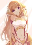  1girl bangs bare_shoulders blonde_hair blue_eyes breasts ciel_nosurge closed_mouth commentary_request demimushi eyebrows_visible_through_hair hair_between_eyes head_tilt highres ionasal_kkll_preciel long_hair medium_breasts navel pleated_skirt skirt smile solo very_long_hair white_skirt 