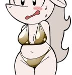 anthro bikini blush bodily_fluids bovid breasts caprine clothed clothing female fur goat gold_bikini golden_week hi_res looking_at_viewer mammal mr_harinezumi open_mouth oraculo_(el_senor_erizo) solo sweat swimwear thick_thighs topwear two-piece_swimsuit white_body white_fur