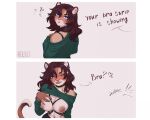 2026 anthro areola biped bra_strap_showing_(meme) breasts clothed clothed_anthro clothed_female clothing countershade_torso countershading digital_drawing_(artwork) digital_media_(artwork) domestic_cat felid feline felis female fingers front_view fur hair hi_res mammal meme navel nelly63 nipples simple_background smile solo standing tail tongue virgina_cowell