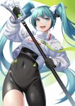  1girl :d asymmetrical_legwear bangs black_bodysuit black_gloves blue_eyes blue_hair bodysuit covered_navel floating_hair gloves hair_ornament hatsune_miku headphones highres holding long_hair looking_at_viewer noro_assumed open_mouth racing_miku_(2022) shiny shiny_hair smile solo thigh_gap twintails very_long_hair vocaloid 