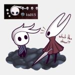 1:1 2026 2_horns ambiguous_gender arthropod biped black_body black_eyes cloak clothed clothing duo empty_eyes english_text exclamation_point female_(lore) half_sister_(lore) hi_res hollow_knight_(franchise) horn hornet_(hollow_knight) konato looking_at_another question_mark red_cloak red_clothing sibling_(lore) sister_(lore) standing team_cherry text the_knight_(hollow_knight) vessel_(species) weapon weapon_on_back