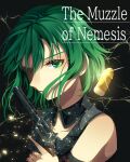  1girl aryuma772 bangs black_background bullet collarbone detached_collar evillious_nendaiki floating_hair green_eyes green_hair gumi gun hair_between_eyes handgun highres holding holding_gun holding_weapon nemesis_no_juukou_(vocaloid) nemesis_sudou short_hair solo upper_body vocaloid weapon 