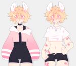  2021 animal_humanoid anthro awooboys bandage bandaged_arm biped black_clothing black_collar blonde_hair clothed clothing collar digital_media_(artwork) ear_piercing front_view girly grey_background hair hand_on_hip hi_res humanoid koji_(awooboys) male navel piercing pink_bandage pink_clothing pink_eyelashes pink_topwear portrait shirt simple_background smile solo standing t-shirt tan_body tan_skin three-quarter_portrait topwear white_clothing white_inner_ear white_shirt white_t-shirt white_topwear yellow_ears 