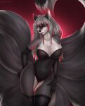  absurd_res anthro black_clothing black_legwear black_nose black_stockings breasts canid canine clothed clothing digital_media_(artwork) eyelashes female fox hi_res hierophant_green_(artist) legwear lingerie mammal multi_tail open_mouth pink_eyes portrait shaded signature solo standing stockings three-quarter_portrait 