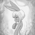  1other ambiguous_gender animal_ears blush bob_cut closed_mouth furry greyscale highres horizontal_pupils inverted_bob kionant looking_at_viewer looking_to_the_side made_in_abyss monochrome nanachi_(made_in_abyss) rabbit_ears sideways_glance smile solo 