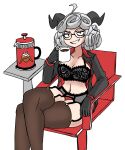  absurdres bra chair coffee coffee_cup coffee_pot crossed_legs cup curly_hair deculture demon_horns disposable_cup glasses gloves grey_hair helltaker highres horns non-web_source open_clothes open_shirt pandemonica_(helltaker) pantyhose sexually_suggestive shirt smug underwear 