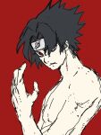  1boy black_hair closed_mouth hair_over_one_eye headband highres lec_him looking_at_viewer male_focus naruto naruto_(series) red_background red_eyes sharingan simple_background sketch solo spiked_hair uchiha_sasuke upper_body 