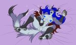 5:3 anthro aquatic balls bared_teeth bed_sheet bedding blue_hair canid canine ejaculation elancia_chronicles feet fish fox fur genitals gynomorph hair horn hybrid intersex mammal masturbation misstrashcat multicolored_hair penile penile_masturbation plantigrade purple_body purple_fur red_hair shark soles solo teeth trans_(lore) trans_woman_(lore) transformation transformation_sequence verse_mcdowell