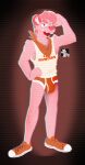  anthro bandanna bulge clothing felix_(syforg) footwear fur hi_res hooters hooters_uniform hyaenid kerchief male mammal orange_clothing pink_body pink_fur shirt shoes sneakers solo syforg tank_top topwear underwear 