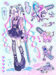  1girl :d ;d @_@ ^_^ absurdly_long_hair absurdres alternate_costume asymmetrical_legwear black_bow black_choker black_shoes black_skirt black_socks black_thighhighs blister_pack blonde_hair blood blood_on_cheek blood_on_face blood_splatter blue_bow blue_eyes blue_hair bone_print bottle bow bowtie braid braided_base bun_with_braided_base cellphone cellphone_charm center_frills chainsaw chainsaw_man character_charm charm_(object) choker chouzetsusaikawa_tenshi-chan closed_eyes collared_shirt colored_blood commentary cross cursor double_bun dripping english_commentary eyelashes flip_phone frilled_shirt frilled_skirt frilled_sleeves frills full_body hair_bow hair_bun hair_extensions hair_ornament halo hand_cursor heart highres holding holding_own_wrist holding_weapon jirai_kei knife ligne_claire long_hair long_sleeves longmie3 looking_at_viewer mismatched_legwear multicolored_hair multiple_hair_bows multiple_views needy_girl_overdose one_eye_closed open_mouth outline p-chan_(needy_girl_overdose) phone pill pink_blood pink_bow pink_hair pink_shirt platform_shoes pochita_(chainsaw_man) quad_tails ring_hair_extensions shirt shoes skirt smile socks speech_bubble standing stuck suspender_skirt suspenders thighhighs twintails very_long_hair weapon white_outline wing_collar 