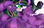 absurd_res anthro azelia bodily_fluids canid canine coiling digital_media_(artwork) drenmar drooling duo female feral fox fur green_hair hair hi_res hypnosis hypnotic_eyes imminent_vore mammal mind_control multi_tail purple_body reptile ringed_eyes saliva saliva_string scales scalie signature simple_background snake squish stripes tail text tongue tongue_out white_body white_fur