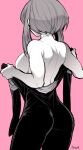  1girl ass bare_shoulders boku_no_hero_academia breasts commentary_request from_behind greyscale greyscale_with_colored_background highres medium_breasts monochrome pink_background sideboob sidelocks simple_background solo takatsuki_ichi uraraka_ochako 