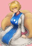  1girl absurdres animal_ears blonde_hair blue_tabard blush breasts chanta_(ayatakaoisii) dress fox_ears fox_tail highres large_breasts long_sleeves multiple_tails pink_background short_hair simple_background solo sweatdrop tail touhou white_dress yakumo_ran 