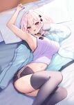  1girl :d armpits arms_up ayuma_sayu bare_arms bare_shoulders bed black_choker black_legwear black_shorts blue_jacket braid breasts camisole choker crop_top fang hair_ornament hairclip highres jacket large_breasts looking_at_viewer lying midriff navel on_back on_bed open_clothes open_jacket original pillow pink_eyes pink_hair shirt short_hair short_shorts shorts sleeveless sleeveless_shirt smile solo spaghetti_strap thighhighs thighs white_shirt 