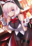  1girl animal_ears bar bow breasts fate/grand_order fate_(series) gloves hair_over_one_eye highres large_breasts mash_kyrielight neko_daruma pantyhose pink_hair playboy_bunny purple_eyes rabbit_ears short_hair smile table thighhighs white_gloves 