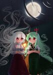  2girls absurdres bangs blunt_bangs bow bright_pupils collared_shirt commentary dress ex-keine eyebrows_behind_hair feet_out_of_frame fire flame fujiwara_no_mokou full_moon glowing grass green_dress green_hair hands_on_stomach highres horn_ornament horns kamishirasawa_keine long_hair long_sleeves looking_at_another lying moon multiple_girls neckerchief night night_sky no_mouth on_back on_ground own_hands_together pants puffy_short_sleeves puffy_sleeves red_bow red_eyes red_neckerchief red_pants reflection ripples shirt short_sleeves sky star_(sky) starry_sky suspenders sweet_reverie touhou very_long_hair water white_hair white_pupils white_shirt 