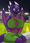  absurd_res activision anthro ball big_breasts big_butt breasts butt clothing cynder dalilallana100 digital_media_(artwork) dragon female female/female hi_res journalist scales scalie smile soccer_ball solo spyro_the_dragon tail video_games wings 