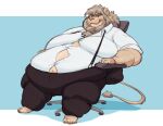  absurd_res anthro belly chair clothing dress_shirt felid ffanumber5 furniture hi_res lion male mammal maximilian_lowe_(cirquedekink) moobs office_chair overweight overweight_male pantherine shirt solo suit_pants suspenders tight_clothing topwear wardrobe_malfunction 