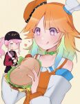  :p baseball_cap bow_choker burger chef_hat chicken_leg crop_top earrings eating fast_food feather_earrings feathers food food_on_face gradient_hair hat highres holding holding_food hololive hololive_english jacket jewelry maplemersh26 mori_calliope multicolored_hair official_alternate_costume orange_hair orange_headwear pink_hair ponytail purple_eyes red_eyes takanashi_kiara tongue tongue_out track_jacket virtual_youtuber 