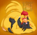 anthro avian bird black_body black_fur blush chicken clapping clothing domestic_cat duo ernie_the_giant_chicken family_guy fangs feathers felid feline felis fur galliform gloves handwear heart_symbol hug kissing lois_griffin lying_on_another male male/male mammal orange_background peter_griffin phasianid pink_nose pt80s0up scratchy_(the_simpsons) simple_background teeth the_simpsons toony white_clothing white_gloves white_handwear yellow_body yellow_feathers