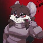 1:1 2025 anthro arms_bent atokitsune bared_teeth black_nose brown_hair buckteeth clothed clothing crimson_the_mouse dated eye_through_hair finger_in_mouth fingers fur grey_body grey_ears grey_eyes grey_fur grey_hair grey_hands gums hair long_hair male mammal markings mouse multicolored_body multicolored_fur murid murine narrowed_eyes pattern_clothing pattern_shirt pattern_topwear pulling_cheek red_eyes red_sclera rodent shirt showing_teeth signature solo stretching striped_clothing striped_shirt striped_topwear stripes teeth topwear translucent translucent_hair tuft two_tone_body two_tone_fur white_body white_fur white_markings