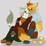 1:1 anthro appledpie bandage boots bulge clothed clothing cuddling duo eye_contact eyewear female footwear fully_clothed fur glasses green_body green_fur hamish_turner_(ukz_james97) happy heart_symbol hi_res jade_gardiner kerchief lombax looking_at_another male male/female mammal ratchet_and_clank resting_on_partner shirt shoes sony_corporation sony_interactive_entertainment tan_body tan_fur topwear wearing_glasses