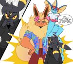 2025 accessory aloha_shirt anthro black_body blitz_(odeko-yma) bodily_fluids clothing comic dialogue digital_media_(artwork) eeveelution english_text eyewear female flareon flower flower_in_hair generation_1_pokemon generation_2_pokemon group hair hair_accessory hi_res looking_up lucky_(odeko-yma) male nintendo odeko-yma pattern_clothing pattern_shirt pattern_topwear plant pokemon pokemon_(species) pokemon_mystery_dungeon red_eyes shirt sitting sitting_on_another sitting_on_shoulder size_difference spike_chunsoft sunglasses surprised sweat sweatdrop swimwear text topwear trio umbreon vaporeon vivian_(odeko-yma) yellow_sclera