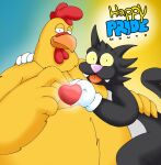 4_fingers anthro arm_around_neck arm_on_back avian bird black_body black_fur chicken clothing domestic_cat duo ernie_the_giant_chicken family_guy fangs feathers felid feline felis fingers fur galliform gloves grey_body grey_fur handwear heart_symbol hug lgbt_pride lgbt_pride_month making_heart_with_hands male male/male mammal obese overweight phasianid pt80s0up scratchy_(the_simpsons) teeth the_simpsons tongue tongue_out white_clothing white_gloves white_handwear yellow_body yellow_feathers