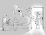 2022 anthro balls bed bedroom big_balls big_penis bodily_fluids bulge canid canine cum_on_sheets dialogue door duo english_text erection erection_under_bedsheets erection_under_blanket excessive_genital_fluids excessive_precum fur furniture furry_tail generation_5_pokemon genital_fluids genitals gesture greyscale hair hand_gesture huge_balls huge_penis hyper hyper_balls hyper_genitalia hyper_penis inside long_hair lying lying_on_bed male mammal mark_(marvolk) marvolk monochrome nintendo on_back on_bed open_door penis pointing pointing_at_another pointing_at_penis pokemon pokemon_(species) precum sketch sleeping slim_male snout sweat tail tenting text zoroark