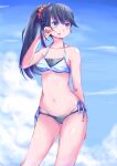  absurdres arm_behind_back bad_id bad_pixiv_id bikini black_hair blue_eyes cloud cloudy_sky collarbone double_bikini gridman_universe hand_on_own_face highres leer.meer long_hair midriff open_mouth ponytail scrunchie side-tie_bikini sky ssss.gridman swimsuit takarada_rikka thighs 