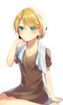  1girl aryuma772 bangs blonde_hair blue_eyes blush brown_dress collarbone dress eyebrows_visible_through_hair hair_between_eyes highres kagamine_rin shiny shiny_hair short_dress short_hair short_sleeves simple_background sitting solo swept_bangs towel towel_around_neck vocaloid white_background 