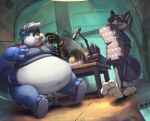 2018 3_toes 4_fingers anthro belly big_belly biped black_nose blue_body blue_clothing blue_eyes blue_fur blue_shirt blue_topwear bottomless bottomless_anthro bottomless_male box canid canine canis cardboard cardboard_box ceiling_lamp chair cheek_bulge claws clothed clothing container countershade_face countershade_feet countershade_fur countershade_tail countershade_torso countershading cybernetic_arm cybernetic_limb desk dessert detailed digital_media_(artwork) digital_painting_(artwork) dipstick_ears doughnut doughnut_box duo ear_markings ear_piercing ear_ring ear_stud eating english_text eyebrows eyewear feet finger_claws fingers food footwear fur furgonomic_footwear furgonomics furniture grey_body grey_clothing grey_fur grey_shirt grey_topwear grinning_at_another hair hat headgear headwear holding_box holding_container holding_object huge_belly humanoid_hands inside lamp looking_aside looking_at_another male male_anthro mammal markings monotone_tail motion_blur multicolored_body multicolored_ears multicolored_fur narrowed_eyes navel obese obese_anthro obese_male on_chair overweight overweight_anthro overweight_male painting_(artwork) pastry pawpads piercing pink_pawpads plantigrade ring_piercing rolled_up_sleeves shaded shirt shoes signature sitting sitting_on_chair swell_donuts table tail teaselbone teaselbone_(character) teeth text thick_eyebrows thick_tail toe_claws toeless_footwear toeless_shoes toes toony topwear two_tone_body two_tone_fur walking white_body white_claws white_countershading white_eyebrows white_finger_claws white_fur white_hair white_inner_ear white_toe_claws wolf