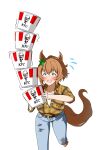  1girl absurdres animal_ears blue_eyes blush breasts brown_hair bucket bucket_of_chicken casual colonel_sanders denim flying_sweatdrops food hair_between_eyes hair_ornament highres holding holding_bucket horse_ears horse_girl horse_tail jeans kfc large_breasts leaning_forward long_hair motion_lines open_mouth pants plaid_clothes plaid_shirt ponytail shirt simple_background star_(symbol) star_hair_ornament taiki_shuttle_(casual)_(umamusume) taiki_shuttle_(umamusume) tail teeth umamusume upper_teeth_only y_k_(user_maxh5525) 