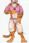 anthro athletic athletic_anthro athletic_male belt bottomwear bulge clothing fangs felid front_view fur hi_res hoodie hufnaar male male_anthro mammal markings navel open_mouth pantherine pink_belt pink_clothing pink_hoodie pink_nose pink_topwear pubes red_tongue shorts simple_background solo standing striped_arms striped_body striped_fur striped_legs striped_markings striped_tail stripes tail tail_markings teeth tiger tongue topwear undressing whiskers white_background white_bottomwear white_clothing white_shorts