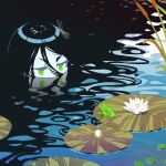  1girl black_hair bug dragonfly english_commentary eye_contact flower frog frown green_eyes half-closed_eyes halphelt highres insect_on_head lily_pad long_hair looking_at_another lotus original partially_submerged reeds solo very_long_hair water 