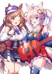  2girls animal_ears breasts brown_hair commentary_request guitar hat highres horse_ears howan_(show_by_rock!!) instrument large_breasts looking_at_another matikane_tannhauser_(umamusume) microphone multiple_girls one_eye_closed open_mouth show_by_rock!! silver_hair simple_background thighhighs thighs umamusume voice_actor_connection yuutopia 