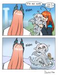 2026 absurd_res ambiguous_gender animate_inanimate arknights blep clothing comic container cup cutlery dankashu day dialogue digital_media_(artwork) doctor_(arknights) english_text eyes_closed female flower_on_head fork gargoyle grey_body group hair hi_res holding_character human hypergryph jacket kitchen_utensils living_statue mammal membrane_(anatomy) membranous_wings outside passenger_(arknights) plate questioning_statue_(arknights) red_hair sculpture sink smile statue studio_montagne tail text tongue tongue_out tools topwear water wings