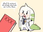 accessory anthro bandai_namco beady_eyes blush clothed clothing coat dialogue digimon digimon_(species) female fur hi_res horn lab_coat long_ears looking_at_viewer magazine male mammal mr_harinezumi necktie porn_magazine pornography smile solo spanish_text terriermon terriermon_assistant text topwear white_body white_fur