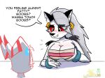 2024 anthro artist_name bare_shoulders big_breasts bite biting_lip black_eyelids blush blush_lines bodily_fluids boobs?_wanna_touch_boobs? bracelet breasts canid canid_demon canine chel_(the_road_to_el_dorado) cleavage clothed clothing cosplay crossover crossover_cosplay demon dialogue dreamworks duo ear_piercing english_text female grey_hair guide_lines hair hellaverse hellhound helluva_boss hi_res holding_breast horn humanoid imp jewelry long_hair loona_(helluva_boss) male mammal meme moxxie_(helluva_boss) mythological_canine mythological_creature mythology notched_ear piercing red_sclera simple_background strapless_clothing strapless_topwear striped_horn stripes sweat sweatdrop text the_road_to_el_dorado thegiftedfire topwear translucent translucent_hair tube_top white_background