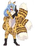 3_tails absurd_res alpha_channel anthro bell black_sclera blue_eyebrows blue_eyes blue_hair blue_nose blue_tongue breasts canid canine cheetah chest_tuft collar eyebrows eyewear featureless_breasts featureless_crotch felid feline female fox francis.ko glasses gun hair handgun hi_res holding_object holding_weapon hybrid machine mammal multi_tail neko_ed open_mouth ranged_weapon red_eyes robot smile solo standing tail tongue tuft weapon