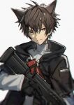  1boy absurdres animal_ears black_gloves black_jacket brown_hair cat_ears gloves gun highres holding holding_gun holding_weapon jacket male_focus original rifle simple_background solo sora_(zwz030) sweater turtleneck turtleneck_sweater weapon white_background white_sweater yellow_eyes 