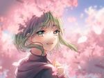  1girl :d aryuma772 cherry_blossoms day floating_hair flower green_eyes green_hair gumi highres long_hair looking_at_viewer open_mouth outdoors pink_flower portrait smile solo spring_(season) vocaloid 
