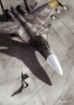  1boy ace_combat ace_combat_04 aircraft airplane bad_perspective blonde_hair canopy_(aircraft) cockpit erusean_flag fighter_jet hands_in_pockets haniwakun_2019 highres jacket jet military military_vehicle missile pants pilot shadow su-37 twitter_username walking yellow_13 