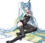  1girl absurdly_long_hair arm_up asymmetrical_legwear bangs black_bodysuit black_footwear blue_eyes blue_hair bodysuit boots buri_(retty9349) covered_navel green_ribbon hair_between_eyes hatsune_miku highres long_hair looking_at_viewer parted_lips racing_miku_(2022) ribbon simple_background sitting solo thigh_boots thighhighs thighs twintails very_long_hair vocaloid white_background 
