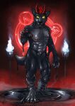 2019 abs anthro black_nose blue_fire canid canine claws colored_fire dated empty_eyes fangs finger_claws fire front_view full-length_portrait grey_body hair hi_res horn hufnaar latex latex_creature liquid_latex male male_anthro mammal muscular muscular_anthro muscular_male nipples open_mouth pecs portrait red_claws red_hair red_horn red_nipples short_hair solo standing teeth toe_claws torch yellow_eyes