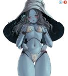  1girl absurdres artist_name bikini blue_skin blush breasts colored_skin doll_joints elden_ring extra_arms green_eyes grey_hair hat highres joints long_hair looking_at_viewer medium_breasts navel nyiccco one_eye_closed patreon_logo ranni_the_witch simple_background solo swimsuit thigh_gap white_background white_bikini white_headwear witch witch_hat 