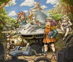  3girls ayla_(chrono_trigger) blonde_hair blue_eyes breasts castle chrono_trigger cloud crono_(chrono_trigger) frog_(chrono_trigger) glasses headband helmet jewelry long_hair lucca_ashtear marle_(chrono_trigger) multiple_boys multiple_girls open_mouth purple_hair robo_(chrono_trigger) robot sayoyonsayoyo scarf short_hair smile 
